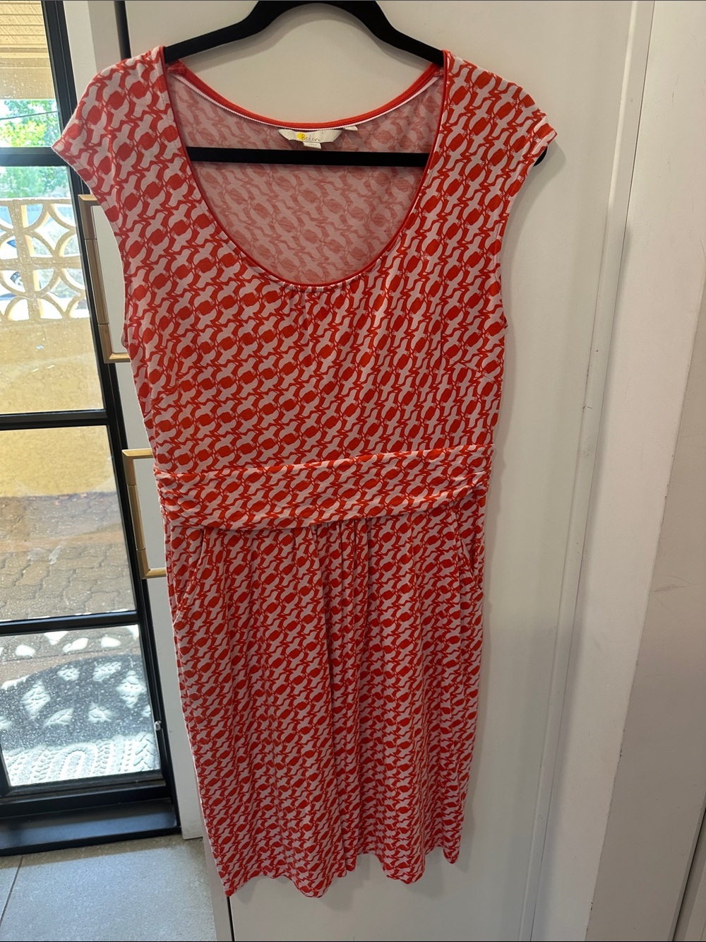 Boden Red & White Printed Scoop-Neck Midi Dress